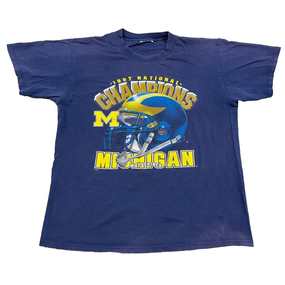 Vintage 90s Michigan Wolverines Shirt Men Large Blue Sun Faded 1997 Grunge Worn